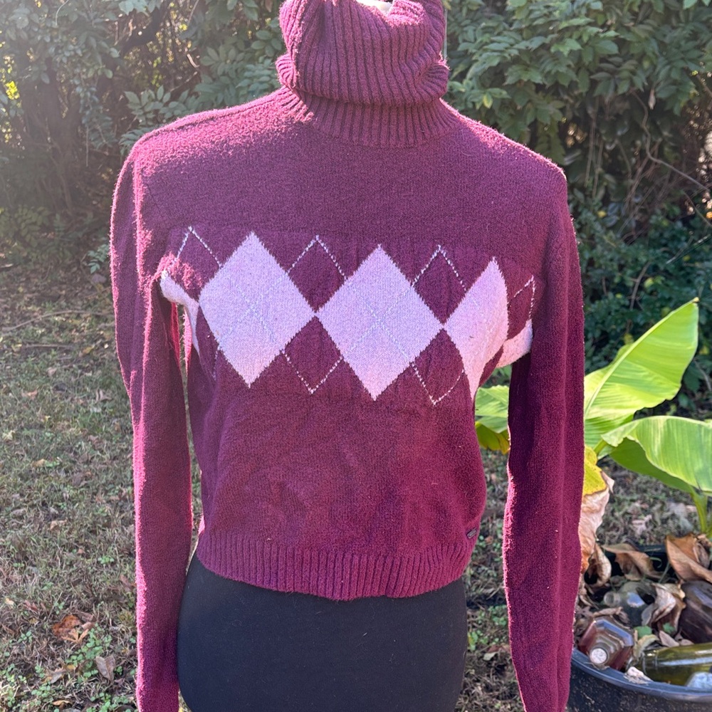 Hollister Burgundy Argyle Turtleneck Sweater